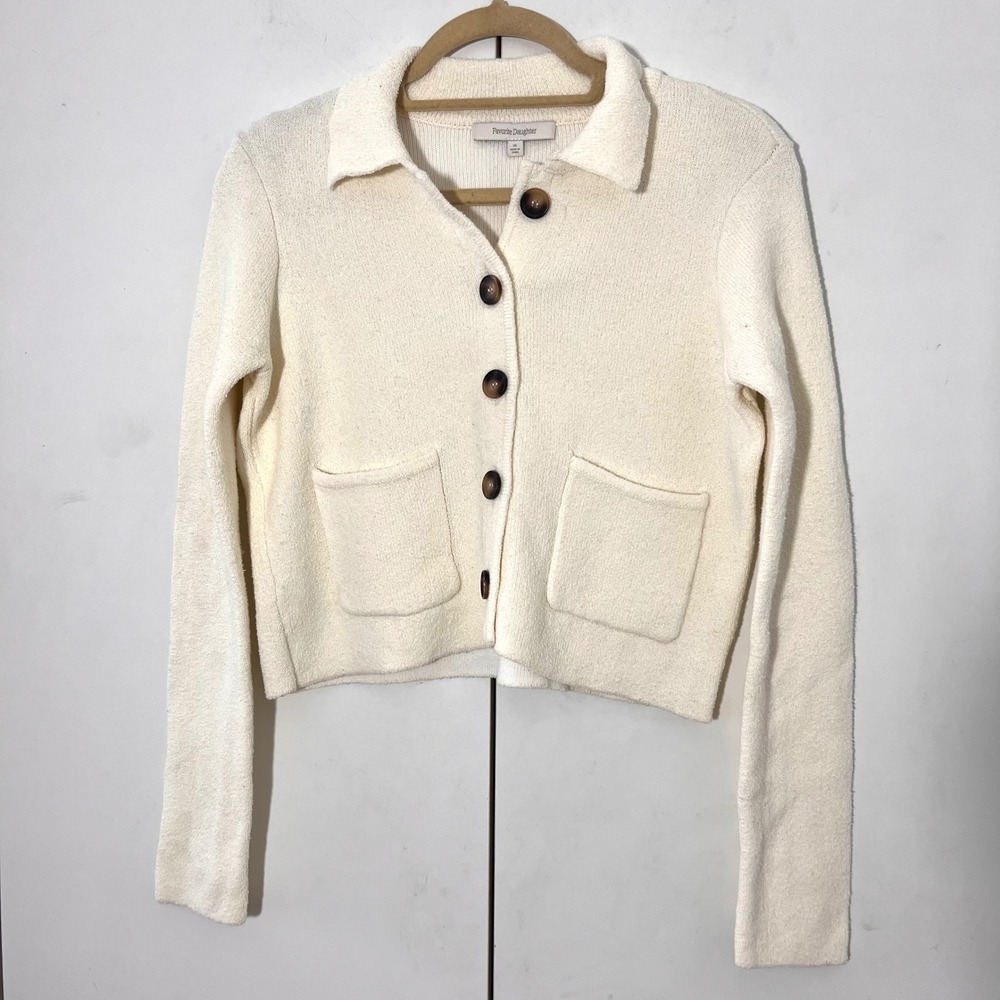 Favorite Daughter Annabel Knit Jacket Cardigan Ivory Cropped Collared Preppy XS